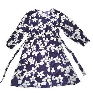Women's Size 3XL Navy Blue Floral Smock Waist Midi Dress Longsleeves